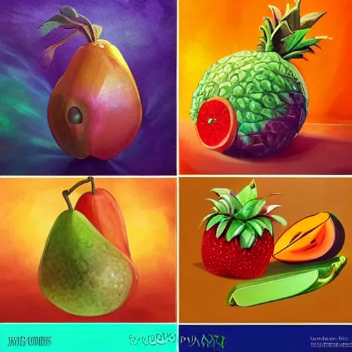 Image similar to Fantasy style fruits, fantastic colors, concept art design drawings