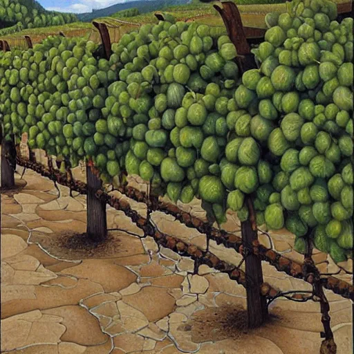 Image similar to Hyperrealism traditional austian vineyard work, painting by MC Escher