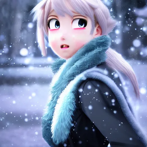 Prompt: portrait focus of angry beautiful 3 d anime girl posing, frozen ice dark forest background, snowing, bokeh, inspired by masami kurumada, octane render, volumetric lighting