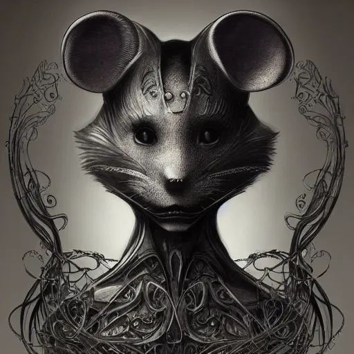 Image similar to a photograpic portrait of a anthropomorphic mouse wearing black clothes, black hair, grey skin, grey mouse ears, fantasy, intricate, elegant, highly detailed, digital painting, artstation, smooth, sharp focus, illustration, art by artgerm and H R Giger and alphonse mucha