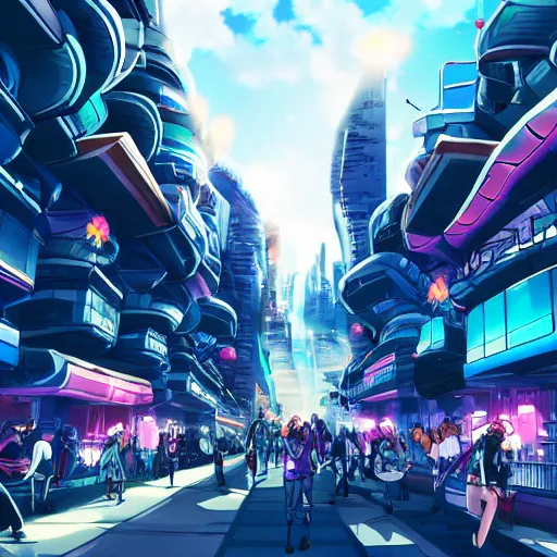 Image similar to futuristic city street with people fighting, anime style