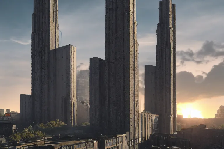 Image similar to streetscape, a towering cathedral of brutalist architecture, buildings covered with greebles, stunning volumetric light, sunset, metal, concrete and translucent material, stunning skies, majestic landscape, trending on Artstation, 8k, photorealistic, hyper detailed, unreal engine 5, IMAX quality, cinematic, epic lighting, in the style of Greg Rutkowski