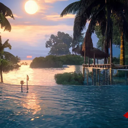 Prompt: Floating palace, moon reflecting on the water, thunderstorm, greek pool, beach and Tropical vegetation on the background major arcana sky, rdr2 screenshot, pc read dead 2 videogame, hyperrealistic 8k, award-winning, very very very detailed