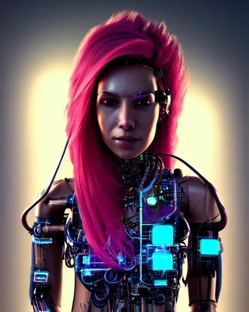 Image similar to portrait of a beautiful brown woman with pink hair as a cyberpunk cyborg half robot, revealing wires and electronics, hooked - up, sci - fi, missing panels, intricate abstract upper body intricate artwork, concept art, octane render, deviantart, cinematic, key art, hyperrealism, iridescent accents, portrait photograph, nikon 3 5 mm, photograph by greg rutkowski