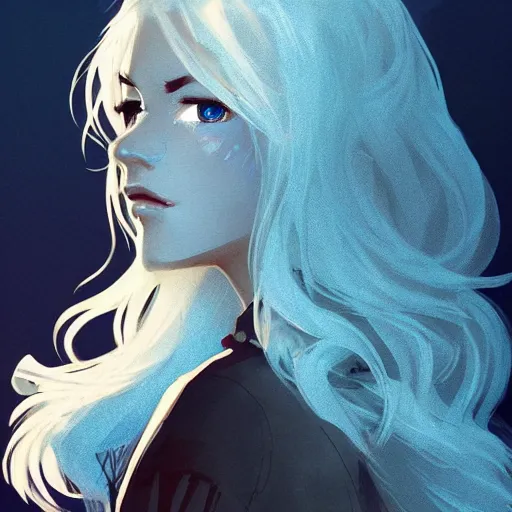 Image similar to woman, messy wavy white hair, light blue eyes, beautiful, portrait, d & d, character art, matte, sharp focus, illustration, concept art,