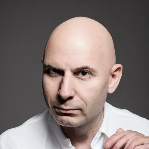 Prompt: High resolution!! Classical bald and very serious experimental electronic musician profile picture, 8K, Canon, apple