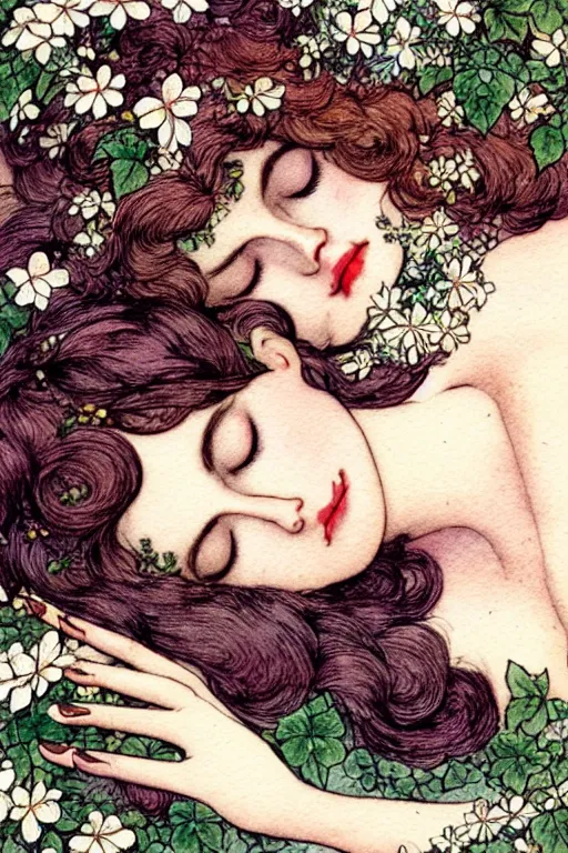 Prompt: closeup face shot of sleeping woman with long hair on a bed surrounded by ivy and flowers, fantasy art, trending on artstation, sleeping beauty fairytale, art by hans zatzka and walter crane and kay nielsen, watercolor illustration,