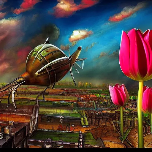 Image similar to flying tulip steam fortress, fantasy art, urban, sky in the background, detailed, behrens style