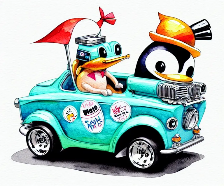 Prompt: cute and funny, penguin riding in a tiny hot rod with an oversized engine, ratfink style by ed roth, centered award winning watercolor pen illustration, isometric illustration by chihiro iwasaki, edited by range murata, tiny details by artgerm and watercolor girl, symmetrically isometrically centered, sharply focused