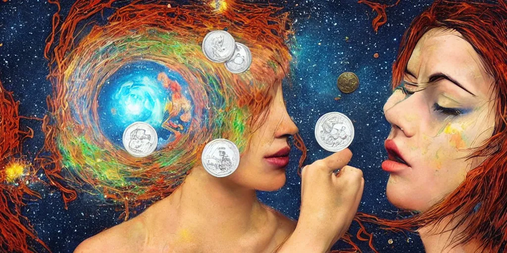 Image similar to astral _ head _ spit _ open _ at _ bottom _ spilling _ out _ coins _ out _ top. _ each coin side is a window to different universes by _ yvonne _ mcgillivray _ by _ mandy _ jurgens _ by _ michael _ divine _ god _ powerful _ eyesglow.