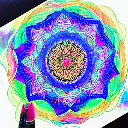 Image similar to “Four dimensional lotus mandala. Brightly coloured dripping Psychedelic kaleidoscope art, prize winning high definition linework structure, oil on water colour rainbow”