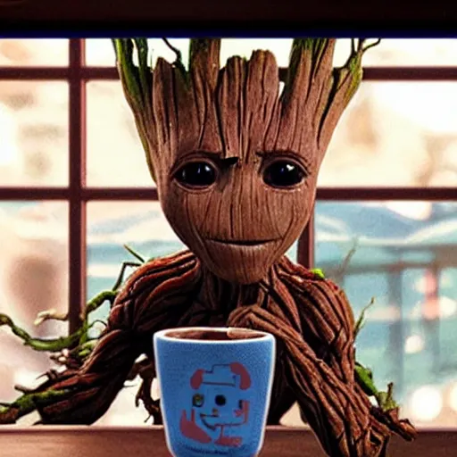 Image similar to groot drinking coffee