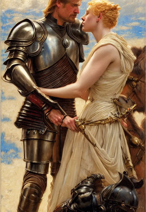 Image similar to attractive fully clothed jaime lannister kisses attractive fully clothed armored brienne of tarth. highly detailed painting by gaston bussiere and j. c. leyendecker 8 k