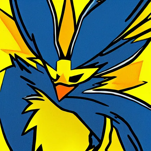Image similar to zapdos. thunderbird pokemon. zapdos zapdos zapdos. spiky bird. birdform. flying lightning bird. yellow color.