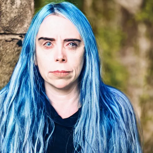 Image similar to dslr photo portrait still of 5 0 year old age 5 0 billie eilish at age 5 0!!!, 8 5 mm f 1. 8