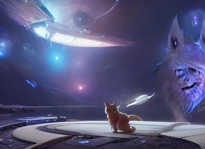 Image similar to a space cat staring role in a musical sci - fi space opera ghibli animated film, volumetric lighting, octane render by stanley artgerm lau, greg rutkowski, thomas kindkade, alphonse mucha, loish, norman rockwel,