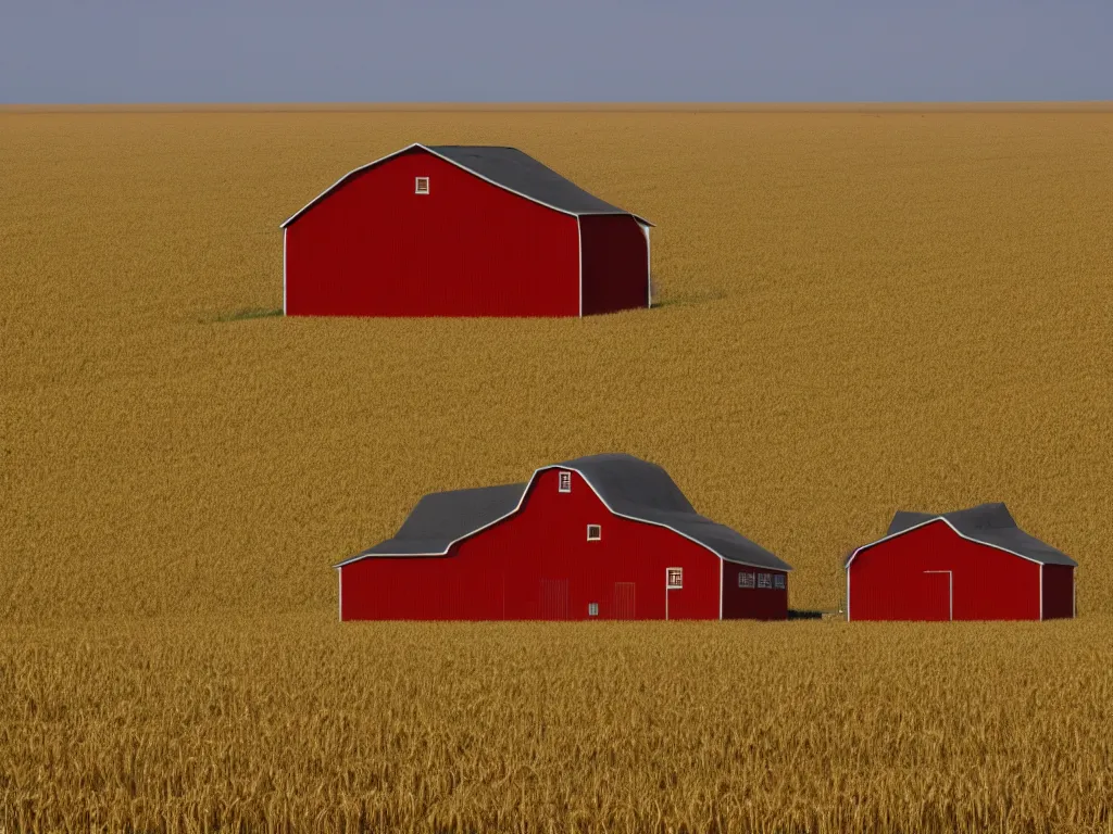 Image similar to An isolated red barn next to a wheat crop at noon. Wide angle shot, surreal.