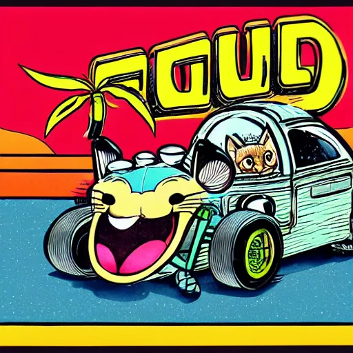 Prompt: cute fennec fox, wearing a helmet, driving a hotrod, oversized engine, ratfink style by ed roth, roth's drag nut fuel, centered award winning watercolor pen illustration, isometric illustration by chihiro iwasaki, the artwork of r. crumb and his cheap suit, cult - classic - comic