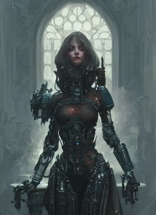 Image similar to portrait of beautiful pale gothic maiden, warhammer 40000, cyberpunk, intricate, elegant, highly detailed, digital painting, artstation, concept art, smooth, sharp focus, illustration, art by artgerm and greg rutkowski and alphonse mucha