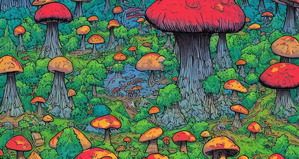 Prompt: A tribal village in a forest of giant mushrooms, by Dan mumford,