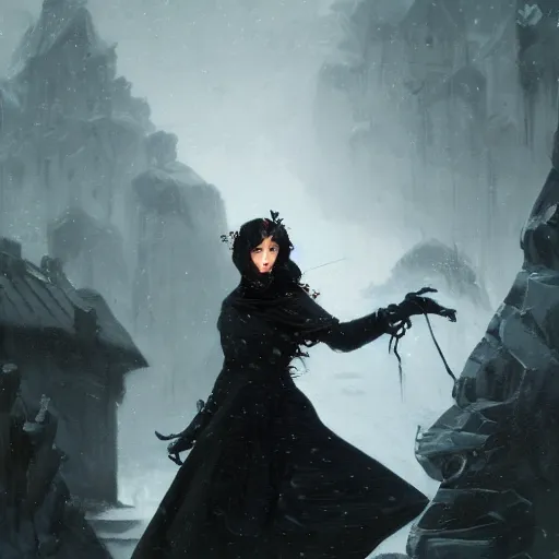 Image similar to furious dark haired women, wearing black coat, black makeup, ice mage, shooting ice, oil painting, by karl spitzweg, fantasy artwork, fantastic artwork, 4 k, trending on artstation