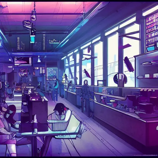 Prompt: A cyberpunk styled cafe where two female customers are going to have a fight about who is the deadliest trending on art station