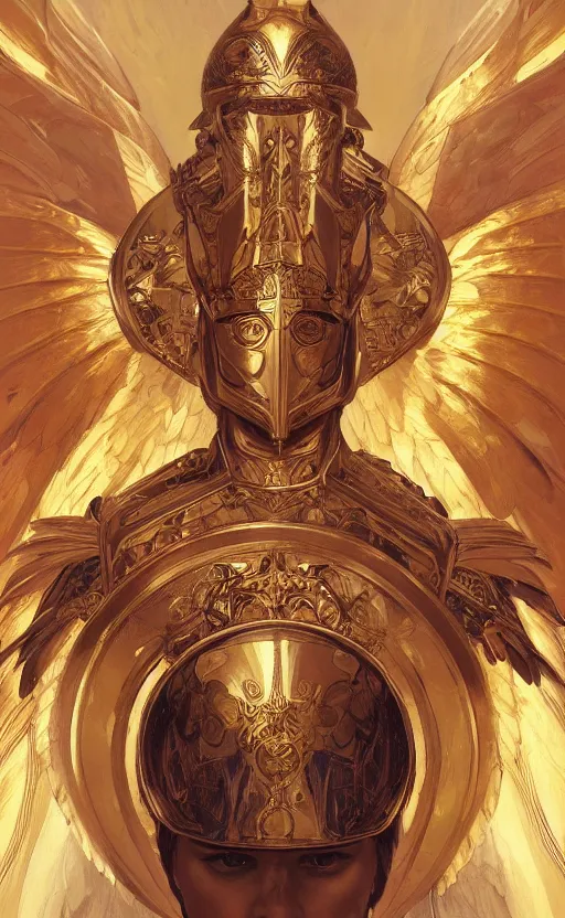 Image similar to Portrait of an archangel with golden wings, heavy armor and helmet, confident, heaven background, intricate, headshot, highly detailed, digital painting, artstation, concept art, sharp focus, cinematic lighting, illustration, art by artgerm and greg rutkowski, alphonse mucha, cgsociety