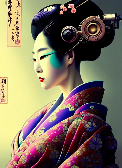 Image similar to sensual japanese geisha wearing vr eyepiece, intricate geisha kimono, robotic, android, cyborg, cyberpunk face, steampunk, fantasy, intricate, elegant, highly detailed, colorful, vivid color, digital photography, cool warm lighting, artstation, concept art, art by artgerm and greg rutkowski and ruan jia,