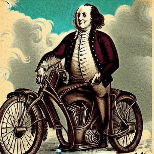 Image similar to benjamin franklin as a biker on a harley davidson