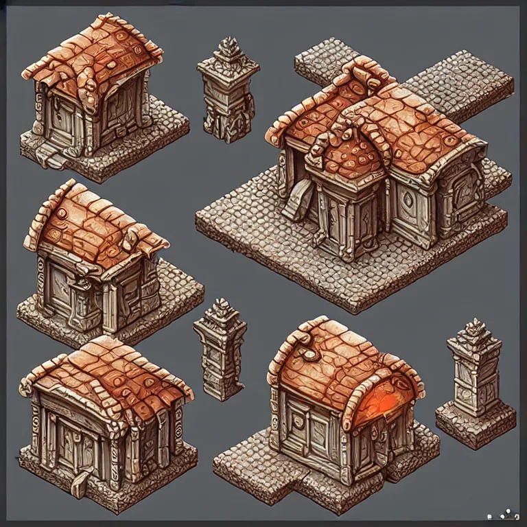 Prompt: subsurface scattering, isometric orthographic game art of day time athas sandstone houses, transparent background, brom's amazing d & d dark sun art, psd spritesheet, digital painting by brom, hand - drawn 2 d art, intricate details, beautiful, hq lighting, ultrarealistic, cgsociety, artstation, by brom, blank background