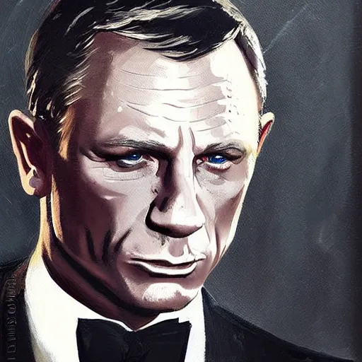 Image similar to a painting in the style of cedric peyravernay of daniel craig in a tuxedo, highly detailed