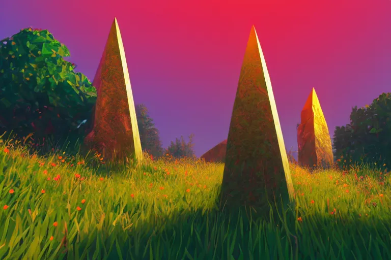 Image similar to super detailed color lowpoly art, overgrown mystical meadow with numerous trees, singular ancient stone obelisk with subtle glowing runes, unreal engine, retrowave color palette, 3 d render, lowpoly, colorful, digital art, perspective