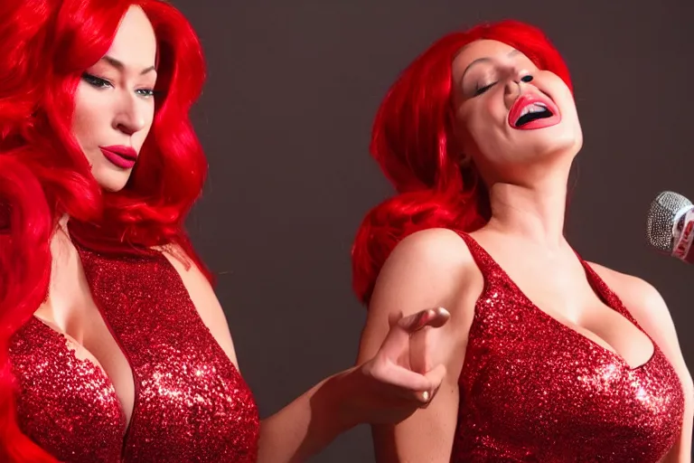 Prompt: movie scene portrait closeup, red hair, red sequin dress, real life jessica rabbit lindsey pelas denise milani singing beautifully on stage, stage lighting by emmanuel lubezki