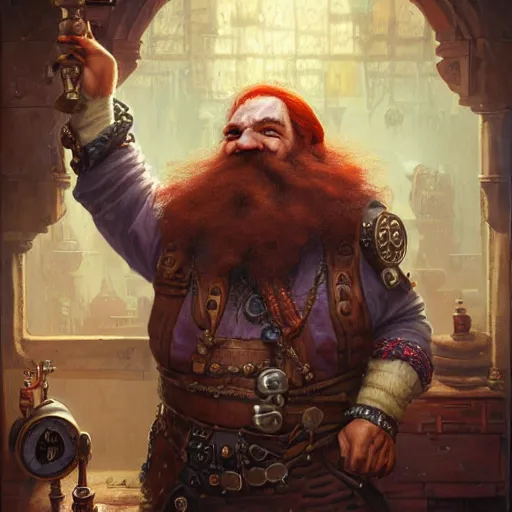 Image similar to Dwarven merchant with a long red flowing beard with Steampunk accessories, 4k oil on linen by wlop, artgerm, andrei riabovitchev, nuri iyem, james gurney, james jean, greg rutkowski, highly detailed, soft lighting 8k resolution