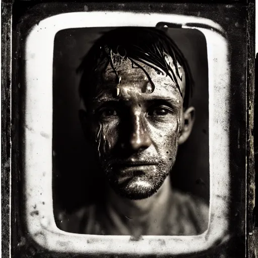 Image similar to A wet-collodion portrait of a man who comes back from a horrific war, he stares into the distance as his eyes show glimmers of hope, depth of field, 50mm lens, studio lighting, high contrast