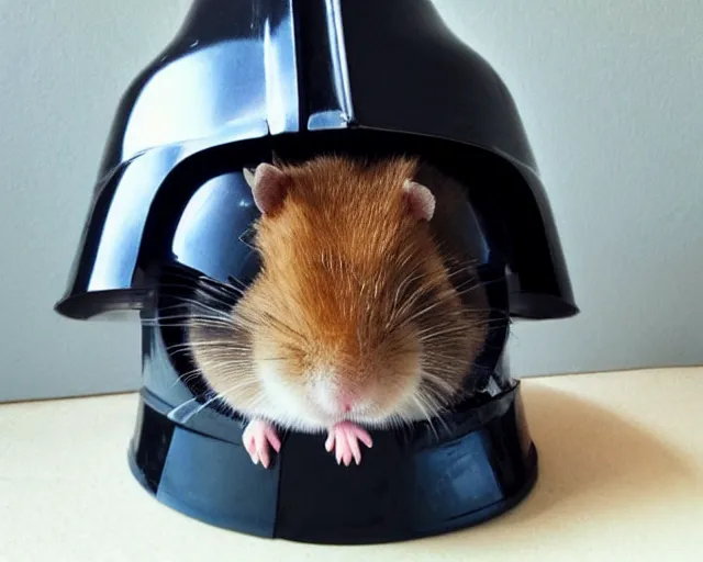 Prompt: photo of a hamster wearing a darth vader helmet