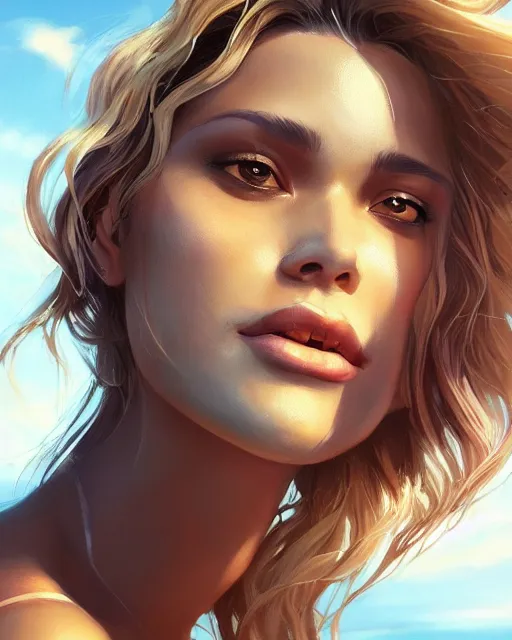 Image similar to summer vibes, beautiful sun tanned woman portrait, flowy hair, sun, summer, cinematic lighting, highly detailed, digital painting, trending on artstation, pixiv, concept art, sharp focus, illustration, art by ross tran and wlop