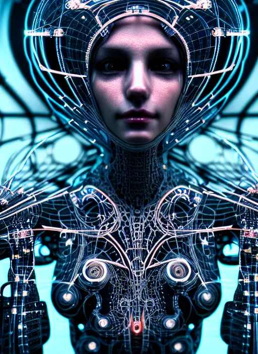 Prompt: timeless cybernetic deity girl with circuitry skin and networked mind tripping on acid, intricate detail, royo, whealan, giger, klimt, hd, octane render, unreal engine,