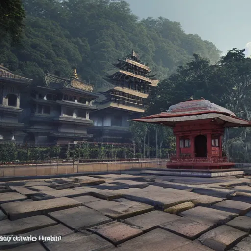 Image similar to beautiful kamakhya temple, Guwahati, Vue 3d render, v-ray, unreal engine, HDR cinematic lighting, wide angle shot, 8K textures