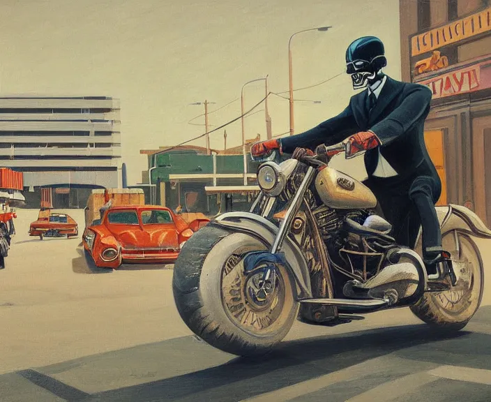 Image similar to a very detailed painting of a man wearing a suit, his head is a skull, riding a motorbike down a street, harley davidson motorbike, worm's - eye view, very fine brush strokes, very aesthetic, very futuristic, in the style of edward hopper and grant wood and syd mead, 4 k,