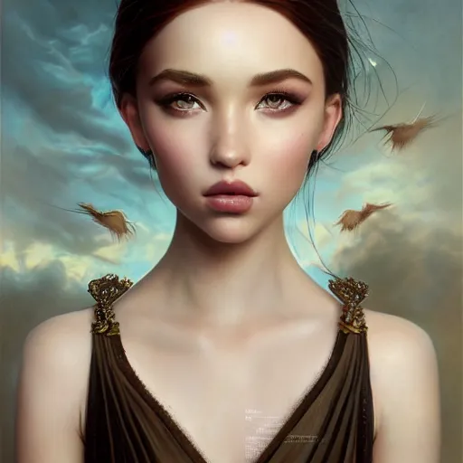 Image similar to tom bagshaw portrait, asian mix of dove cameron madison beer bella poarch in a full dress with long thin lustrous auburn hair, professionally retouched, focus eyes, ultra realistic soft painting, insanely detailed linework, symmetrical accurate intricate features, behance, 8 k