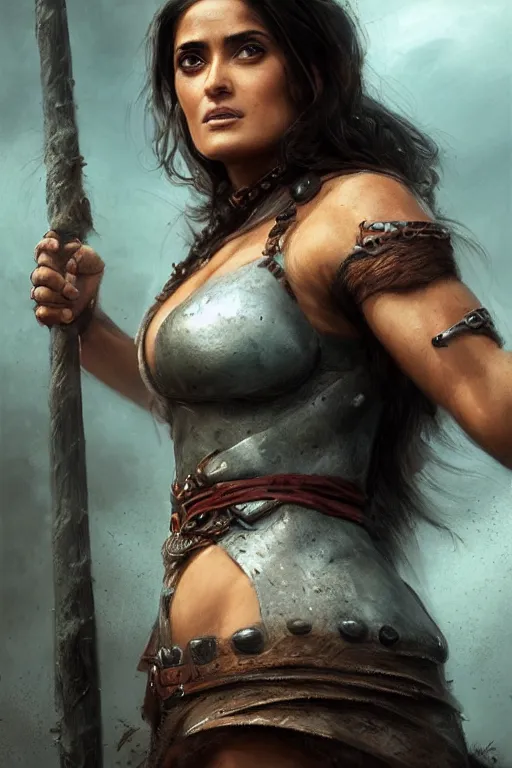 Image similar to portrait, Salma Hayek , barbarian , face portrait, raphael lacoste, eddie mendoza, alex ross, concept art, matte painting, highly detailed, rule of thirds, dynamic lighting, cinematic, detailed, denoised, centerd