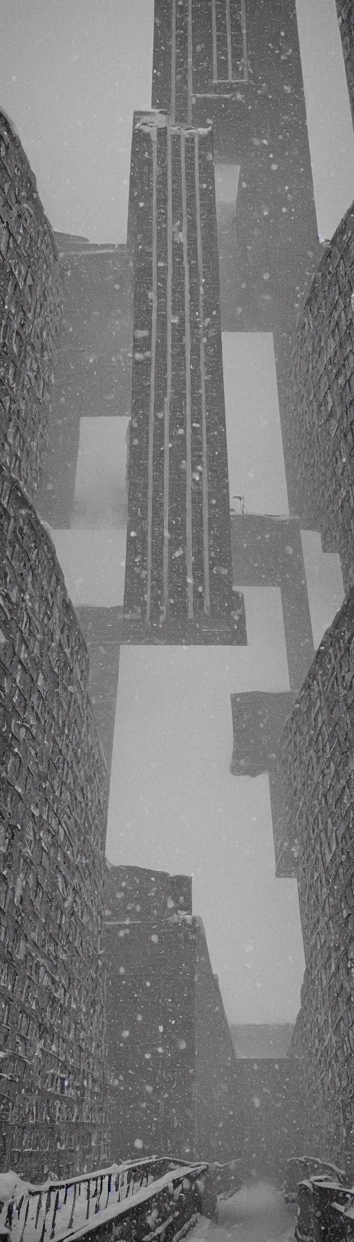 Image similar to A high-resolution black and white film photograph of details with 35 mm f/12 lens of Soviet-era buildings in Belarus while it snows