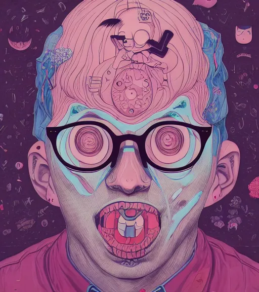 Prompt: portrait, nightmare anomalies, leaves with a male nerd by miyazaki, violet and pink and white palette, illustration, kenneth blom, mental alchemy, james jean, pablo amaringo, naudline pierre, contemporary art, hyper detailed