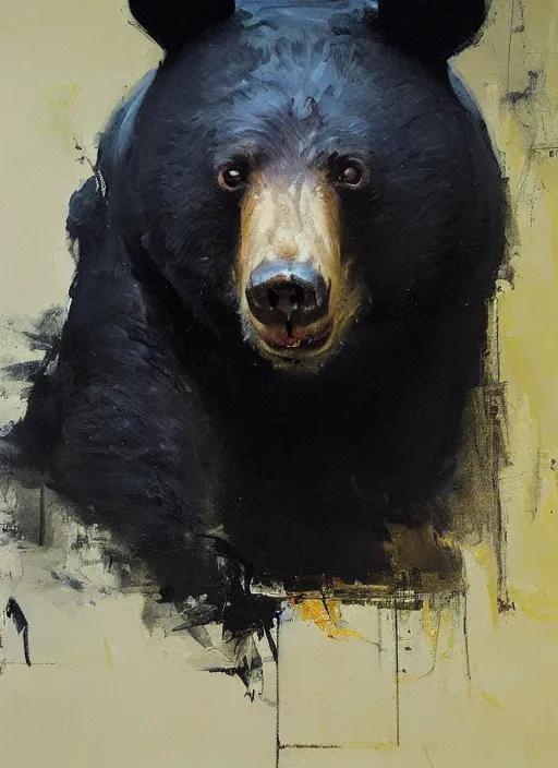 Prompt: portrait painting of anthropomorphic black bear by jeremy mann, only one head single portrait