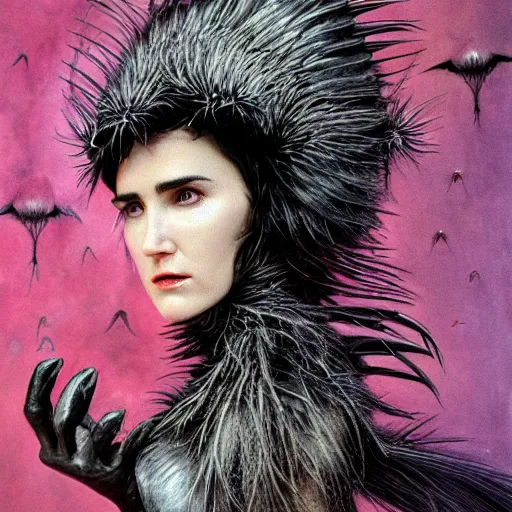 Image similar to jennifer connelly as alien bird - woman, gray skin, wearing black hooded cloak, huge wings, black feathers instead of hair, black feathers growing out of skin, bumpy skin, screaming, losing control, black feathers growing out of face, black hands with black claws, comic book, giger, mucha, trending on artstation