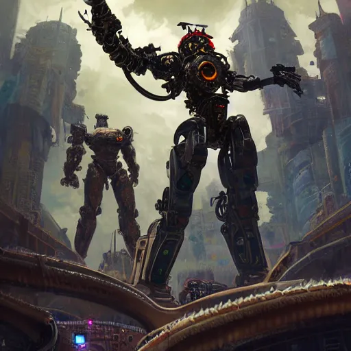 Image similar to pacific rim robots, steam punk, 70's sci-fi, extremely detailed digital painting, in the style of Fenghua Zhong and Ruan Jia and Jermy lipking and peter mohrbacher, mystic colors, highly detailed, deep aesthetic, 8k, highly ornate intricate details, cinematic lighting, rich colors, digital artwork, ray tracing, hyperrealistic, photorealistic, cinematic landscape, trending on artstation,