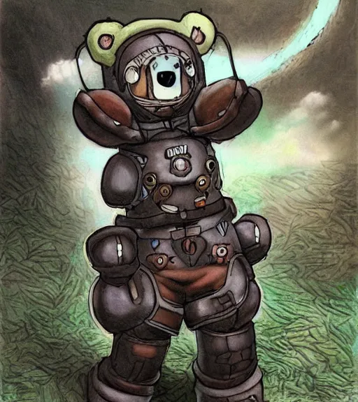 Image similar to beautiful little boy wearing an cyborg bear suit, artwork in kentaro miura and made in abyss, inspired in super bomberman, smooth, beautiful lightness, anatomically correct, trending on pixiv, forest