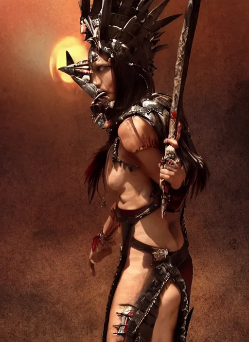 Prompt: movie aztec warrior princess fighting with kunai, inspired by monster hunter and dark fantasy and fashion, beautiful body, clean brutal blooded symmetrical face, brutal bloody and sluty make up, epic,dramatic lighting, cinematic, establishing shot, extremely high detail, photorealistic, brutal, provocative , cinematic lighting, artstation, octane render, dark fantasy ,old photo, vintage, black and white, Boris vallejo, sepia, old photography, documentary photography