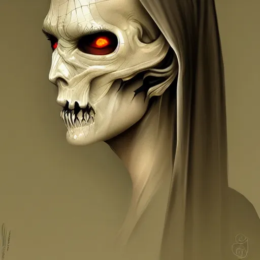 Image similar to an intricate, detailed face of the grim reaper, translucent skin, dramatic lighting, trending on artstation, art nouveau